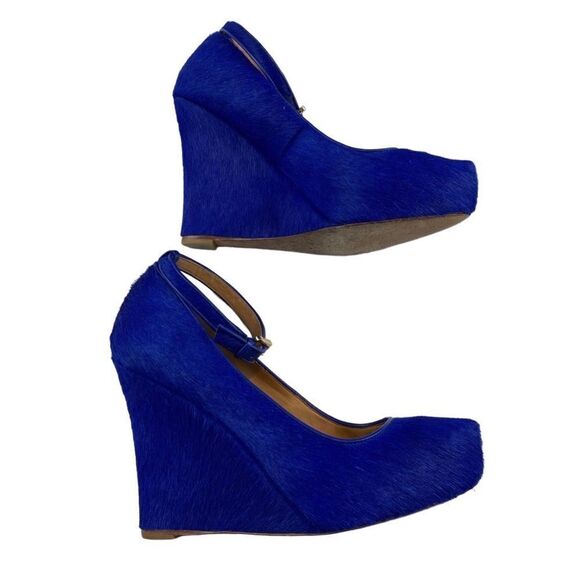 Ann Taylor Calf Hair Wedge Ankle Strap Shoe Cobalt Blue 6 - Picture 3 of 8